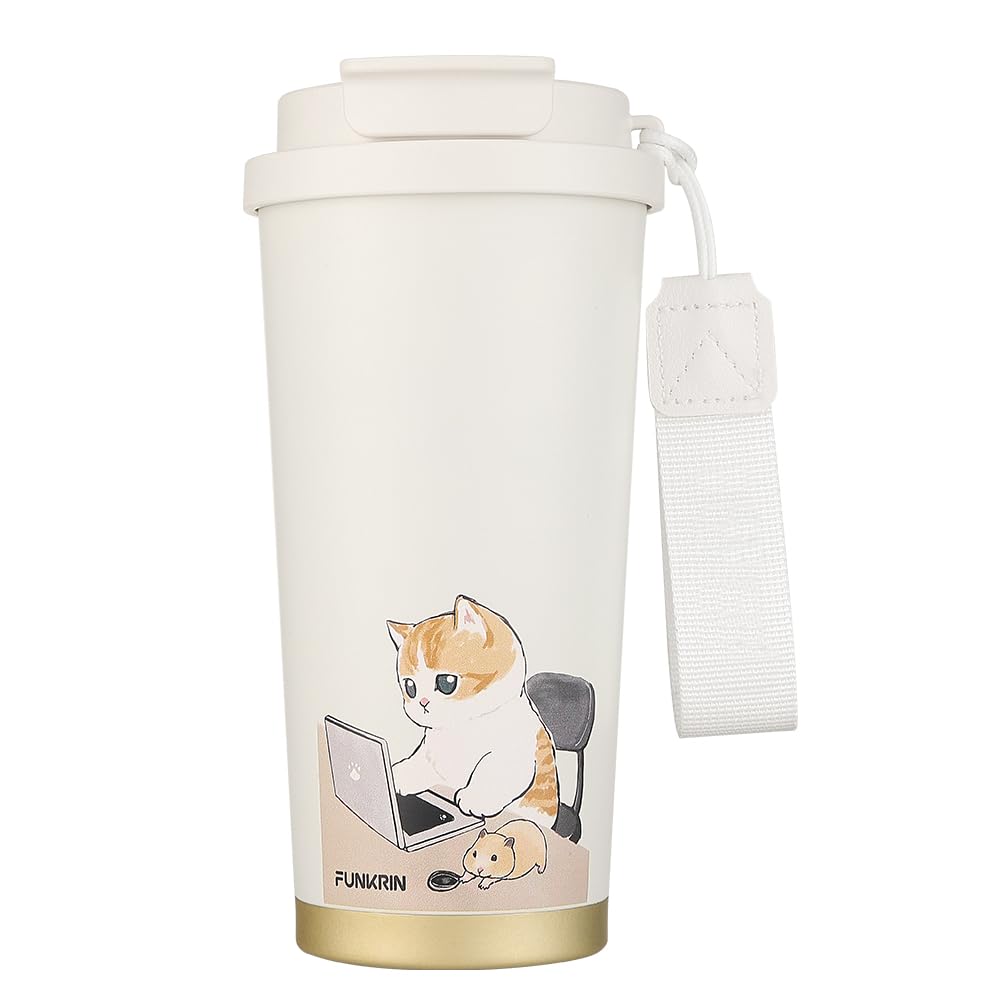 Funkrin Insulated Coffee Mug with Ceramic Coating, 16oz Iced Coffee Tumbler Cup with Flip Lid and Handle, Double Wall Vacuum Leak-Proof Travel Mug for Office School Party Camping