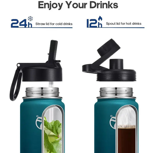 25oz Insulated Water Bottle w/ 2 Lids (Straw & Spout) - Stainless Steel, Double-Walled, Wide Mouth, Powder-Coated, Hot & Cold Thermos