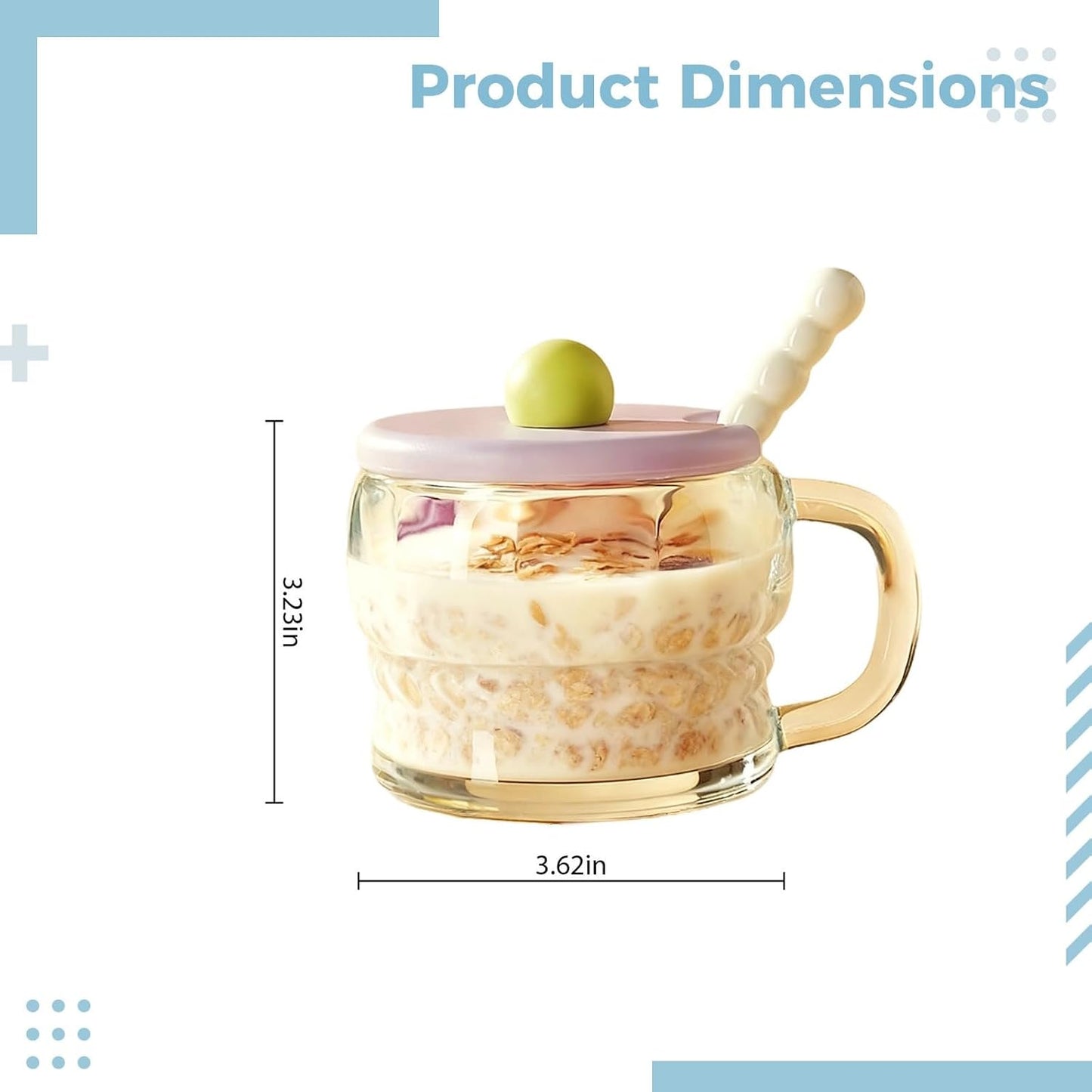 Glass Coffee Mugs, 2 Pcs 10.1 fl oz and 300 ml Breakfast Cups with Lid and Spoon, Dawn Milk & Oatmeal Cups with Handle, Refined Transparent Glass Cups for Yogurt, Purple