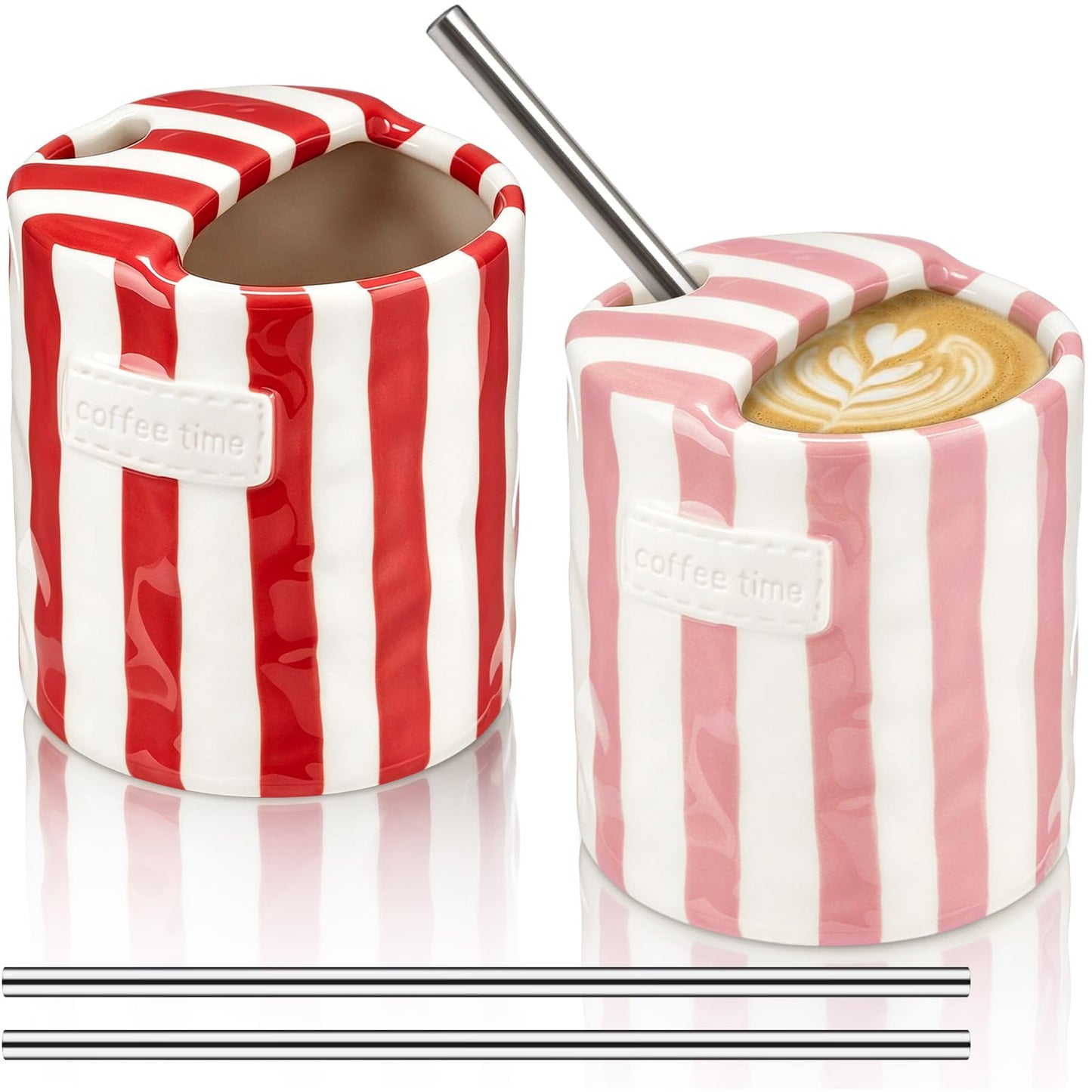 2 Pack Ceramic Mug with Sip Hole, Simple, Green, Brown | 10oz Ceramic Coffee Cup with Straws, Retro Hand Painted Striped, for Iced Coffee Tea Latte Espresso, Kitchen Dining Travel