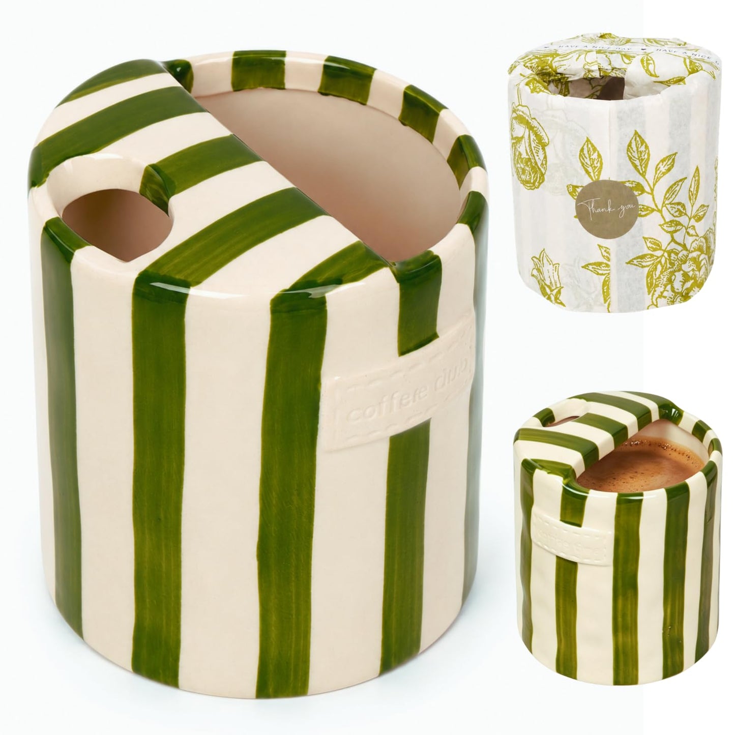 Coffee Mug Espresso Cup 10oz Ceramic Coffee Mugs Porcelain Coffee Cup Hand-Painted Striped Art Multiple Use for Kitchen, Dining-Green