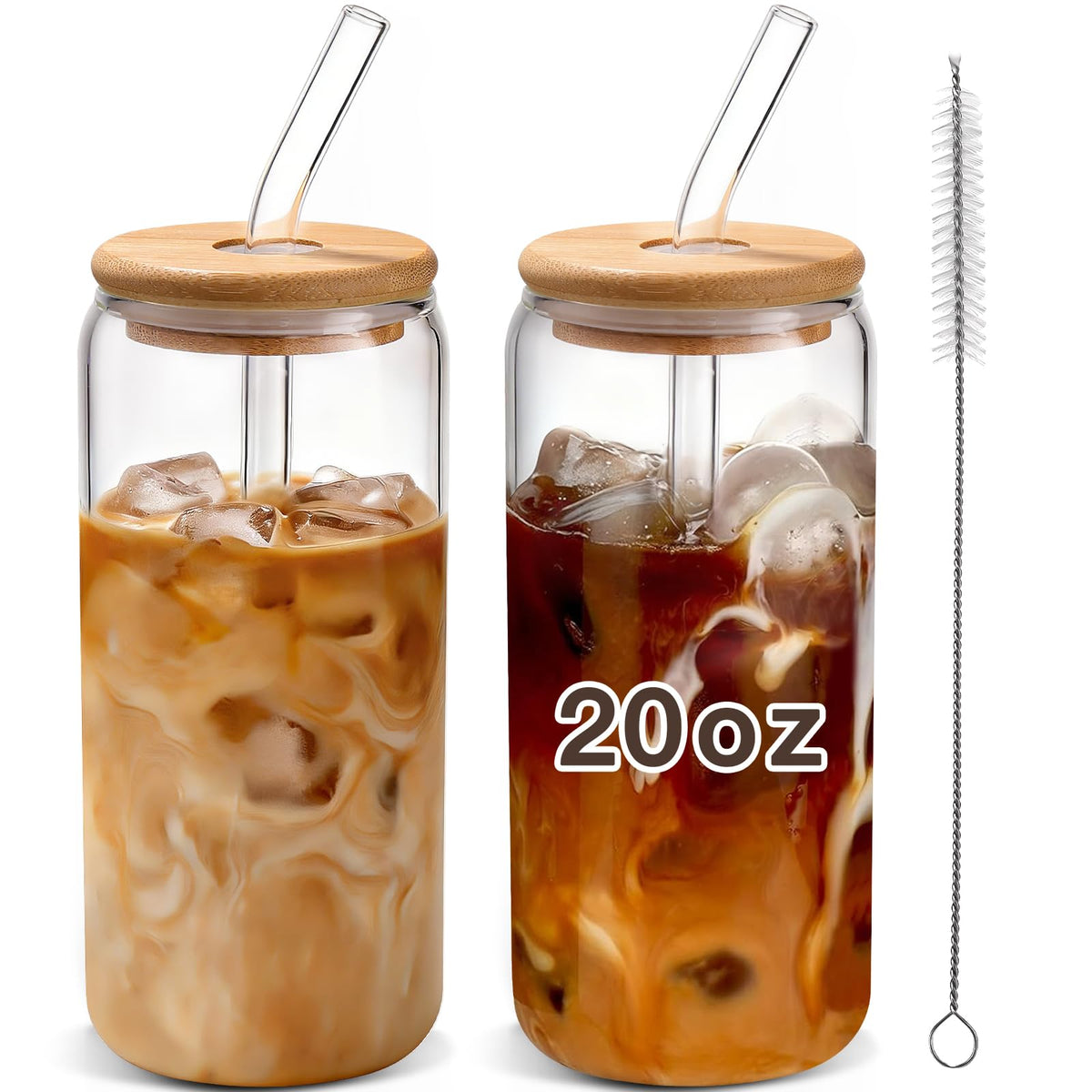 DWTS DANWEITESI Iced Coffee Cups with Lids 2 pcs,16 oz Glass Cups with Lids and Straws as Coffee Bar Accessories,Beer Drinking Glasses,Reusable Glass Tumbler,Cute Coffee Cups for Coffee, Juice, Gifts