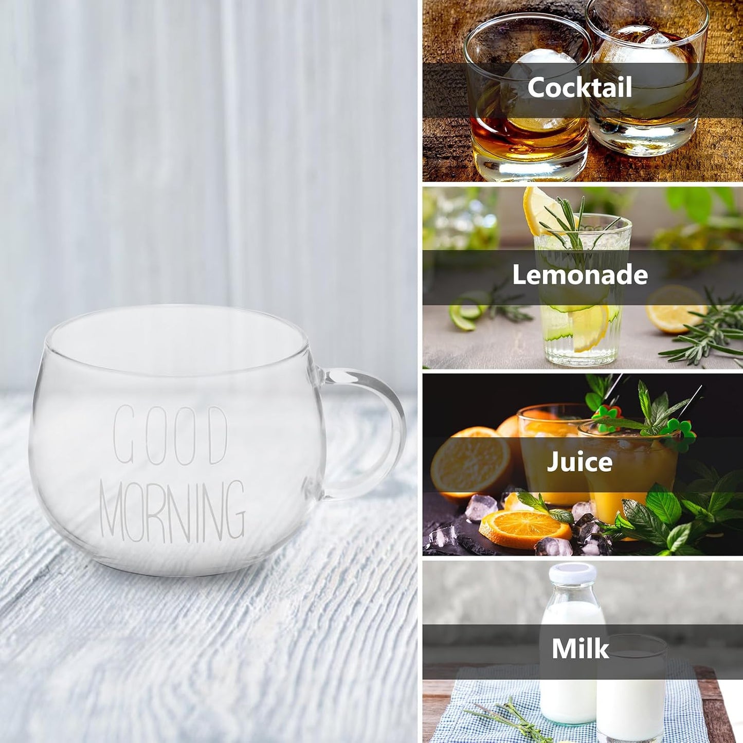 Gatuida Heat-resistant Glass Milk Cup with Handle, Delicate Breakfast Mug, Multi-function Glass Coffee and Cereal Cup for Home and Microwave Use