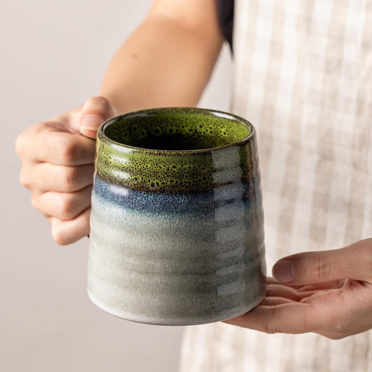 15.5oz Large Heavyweight Ceramic Mug, Reactive (Light Green) | 15.5oz Medium-Large, Heavy Weighted Stoneware, Reactive Transmutation Glaze, Microwave & Dishwasher Safe, Gift Box