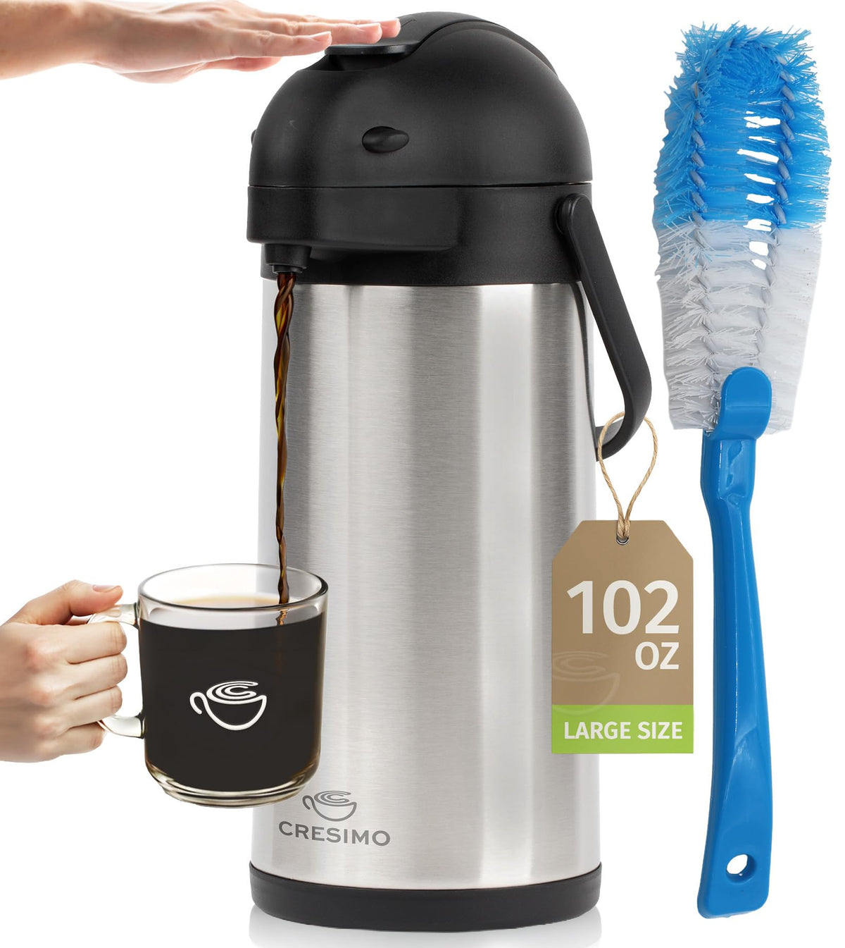 Coffee Carafe with Pump 102oz / 3L Airpot Large Hot Water Dispenser | 12 Hours Hot Cocoa Dispenser for Parties,Tea Flask, Insulated Stainless Steel Airpots for Hot Beverage Dispenser Coffee Pump