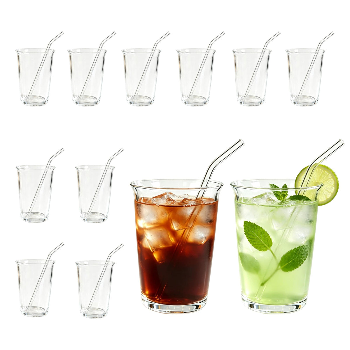 Nihaoya 16oz Clear Glass Cups with Straws, Iced Tea Glasses, Transparent Drinking Glass Cups Set of 4 for Party Coffee Soda Juice