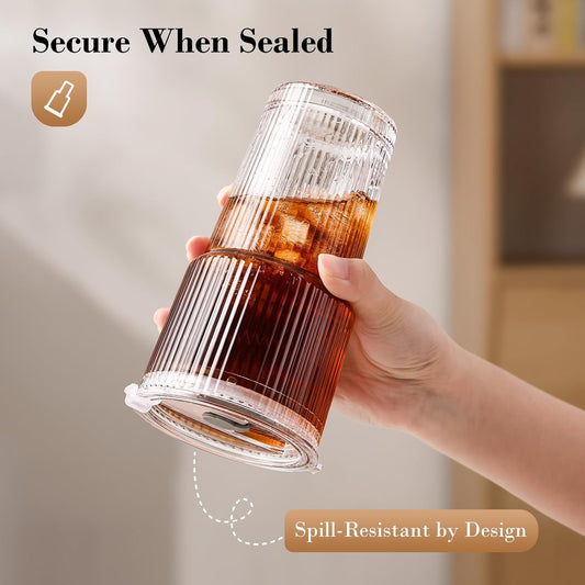 20oz Iced Coffee Cups with Lids, Ribbed Glass Cups with Lids and Straws | Thick Reusable Glass, Leak-Resistant Lids, Fits Most Car Cup Holders, For Iced Coffee, Tea, Smoothies and Cold Drinks