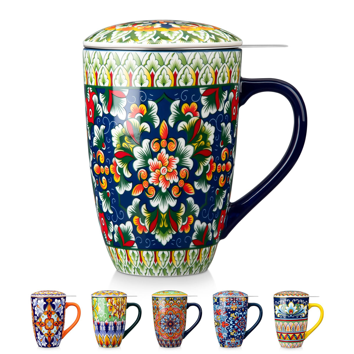vancasso Ceramic Tea Mug with Infuser and Lid, 18 Ounce Bohemian Loose Leaf Cup, Microwave & Dishwasher Safe, Perfect for Tea, Coffee, Burnt-Cobalt Mandala