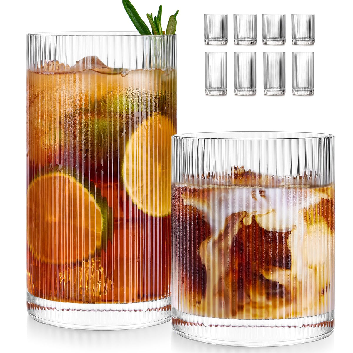 Ribbed Drinking Glasses Cups Set of 8 Large Capacity Highball 17oz&12oz | Rocks Cocktail Glasses Ideal for Beer, Juice, Water, Ice Coffee Cup, Whiskey, Mixed Drinkware