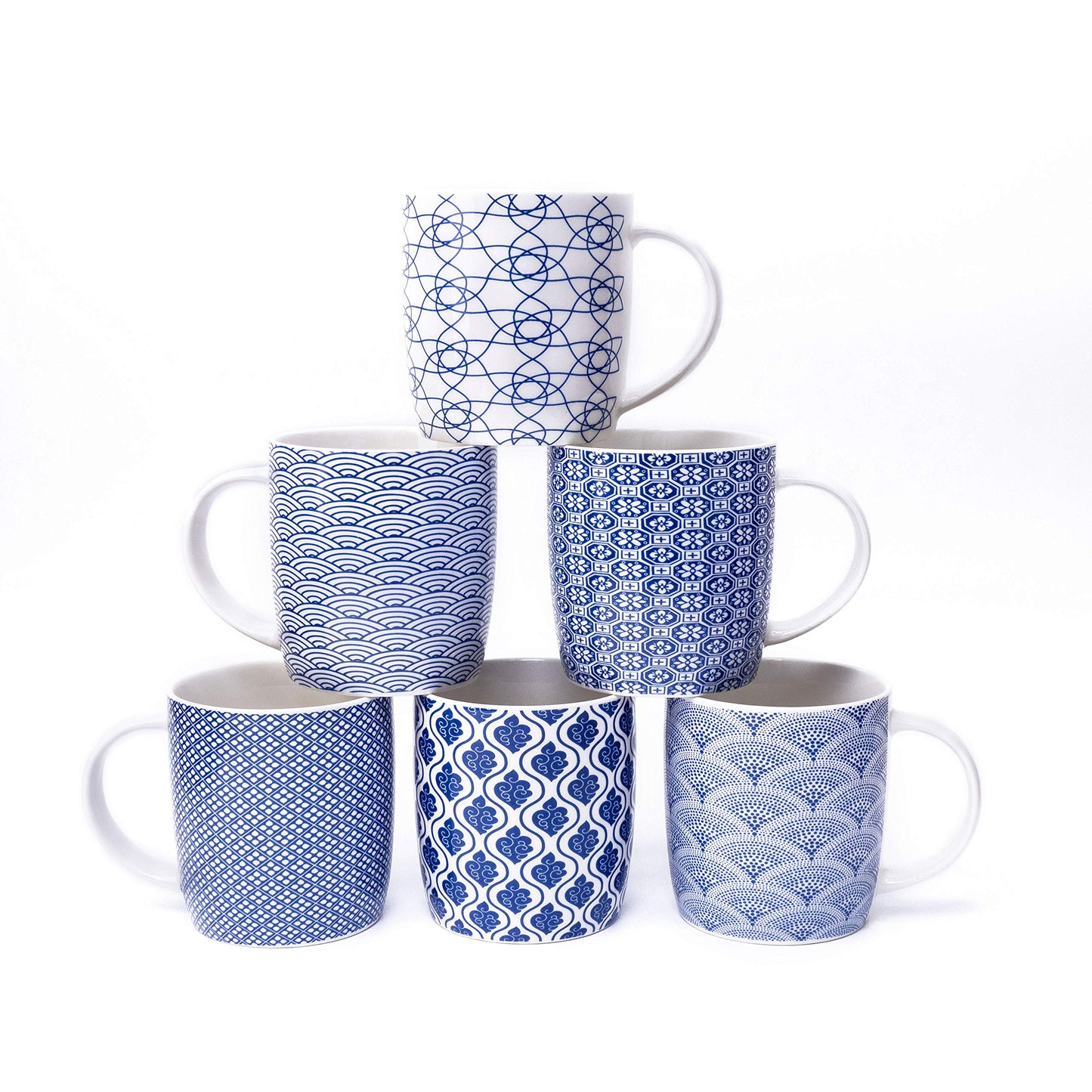 Set of 6 11.5 oz Coffee Mugs with Blue and White Geometric Patterns, Ceramic Tea Cup Set