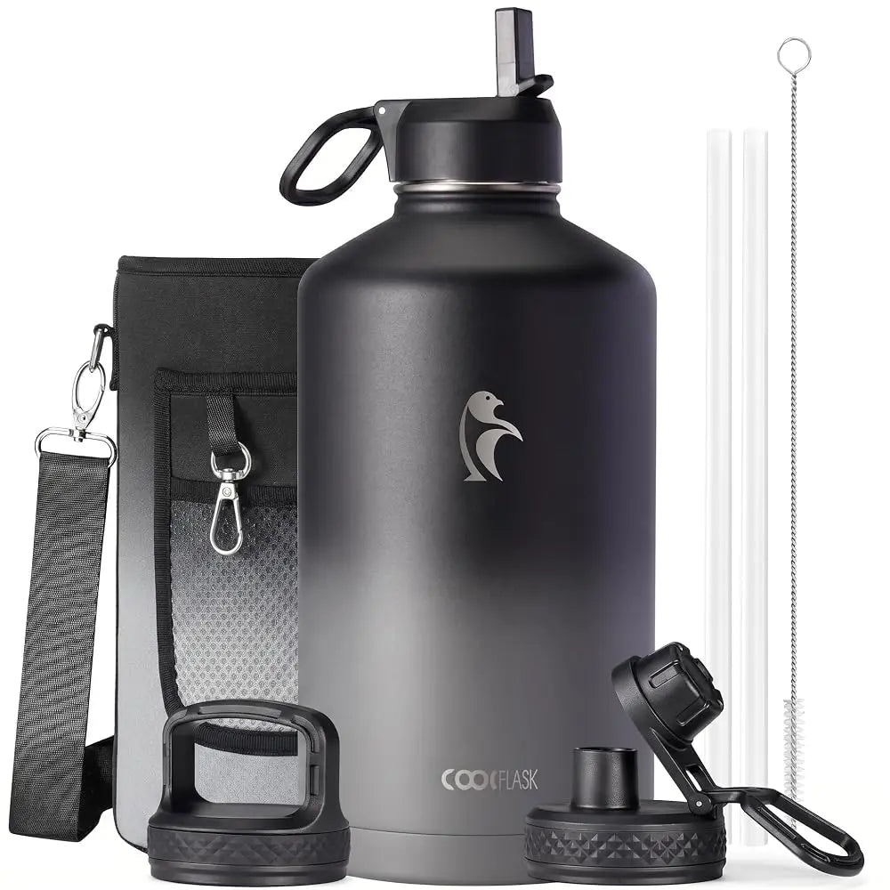 Coolflask 32/40/64/87/128oz Portable Insulated Water Bottle with Straw & 3 Lids, Stainless Steel Flask for Outdoor or Office, Travel Bottled Drinkware