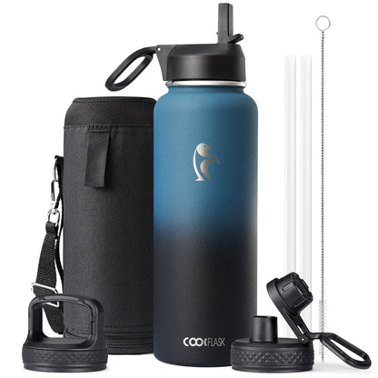 Coolflask 32/40/64/87/128oz Portable Insulated Water Bottle with Straw & 3 Lids, Stainless Steel Flask for Outdoor or Office, Travel Bottled Drinkware