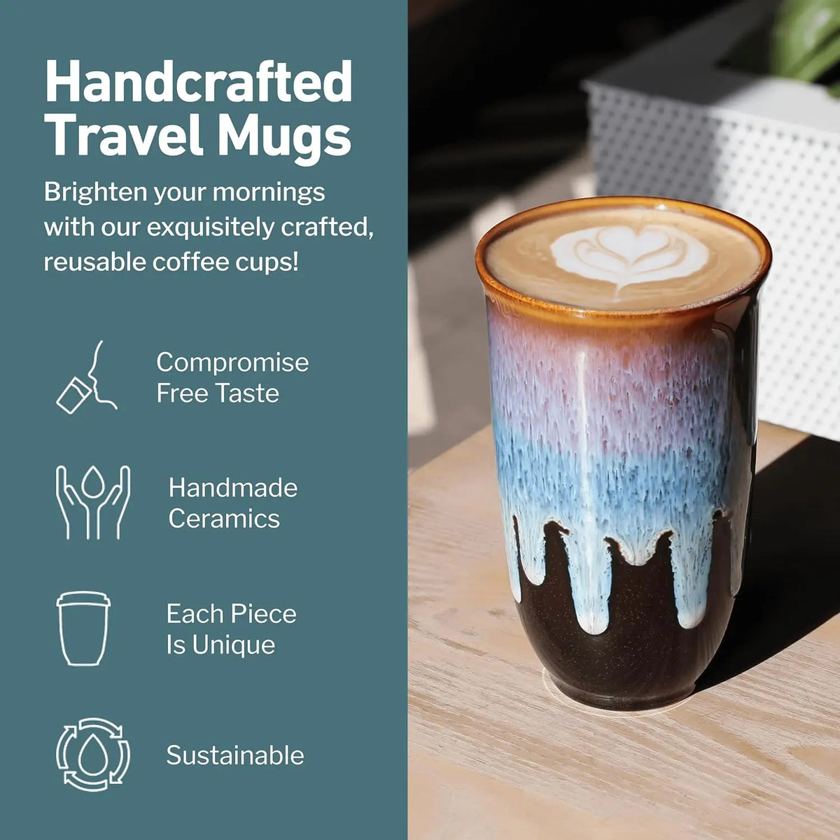 Nova Ceramics Travel Mugs - 12oz & 16oz - 26 Nature-Inspired Handmade Designs - Microwave & Dishwasher Safe, Perfect for On-the-Go Coffee Lovers