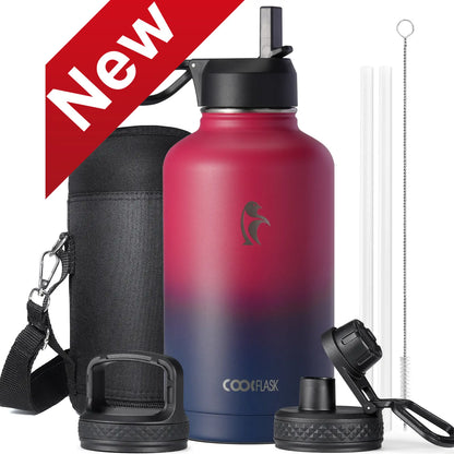 Coolflask 32/40/64/87/128oz Portable Insulated Water Bottle with Straw & 3 Lids, Stainless Steel Flask for Outdoor or Office, Travel Bottled Drinkware