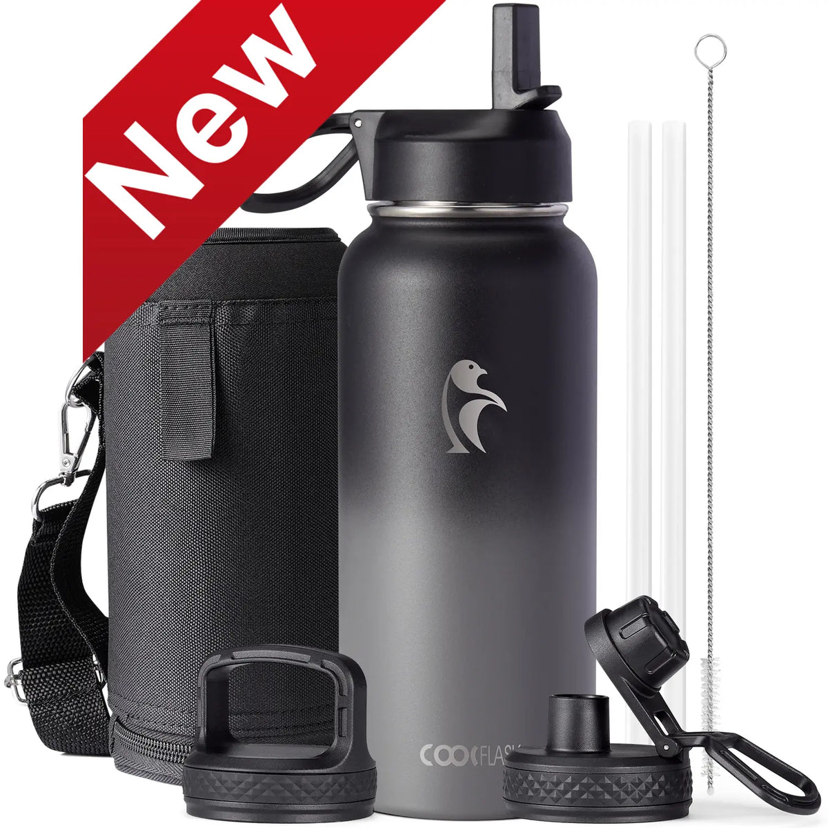 Coolflask 32/40/64/87/128oz Portable Insulated Water Bottle with Straw & 3 Lids, Stainless Steel Flask for Outdoor or Office, Travel Bottled Drinkware