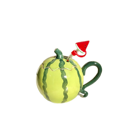 UFORU Cute and Creative Ceramic Mug Set, Strawberry/Watermelon/Coconut/Panda Coffee Cup with Lid/Straw/Spoon, Ceramic Cup Home, Microwave Dishwasher for Office Use, Instagram Style Cute Girl Gift#SummerWins#DFYD