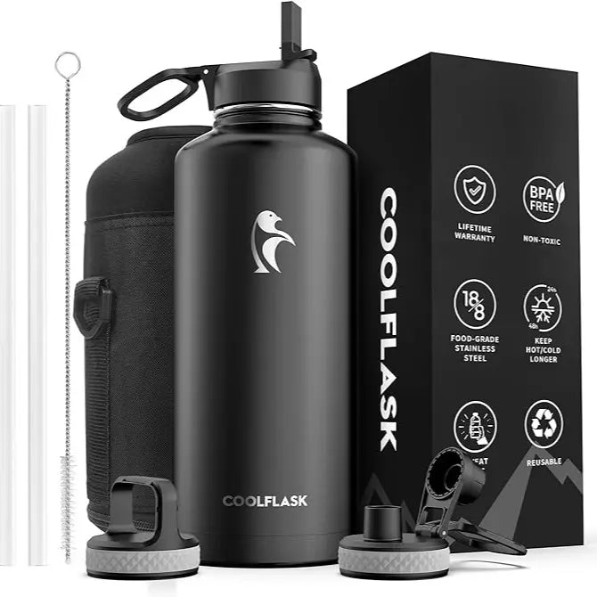 Coolflask 32/40/64/87/128oz Portable Insulated Water Bottle with Straw & 3 Lids, Stainless Steel Flask for Outdoor or Office, Travel Bottled Drinkware