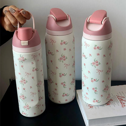 Floral Pattern Vacuum Flask, 1 Count Portable Large-Capacity Water Bottle with Straw, Leakproof Insulated Tumbler, Drinking Cup for Home, Office, School & Outdoor Camping, Drinkware #GLOBAL PICKS
