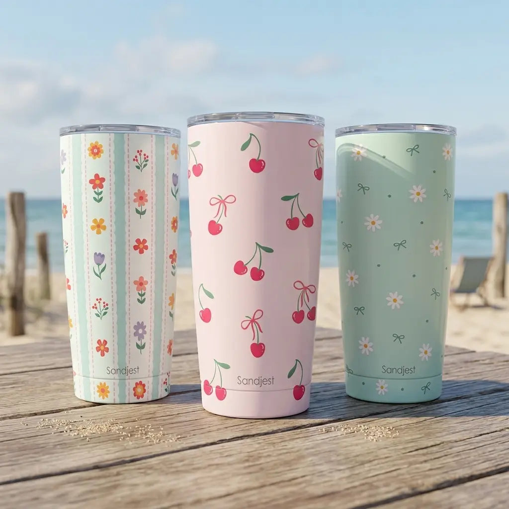 SANDJEST 20oz Stylish Botanical Daisies Insulated Stainless Steel Coffee Flask - Portable, Leakproof, Double-Wall Keeps Coffee Cozy Longer, Cup Holder Friendly, Reusable, Gym-to-Office Use, Iced or Hot Ready, Gift for Her