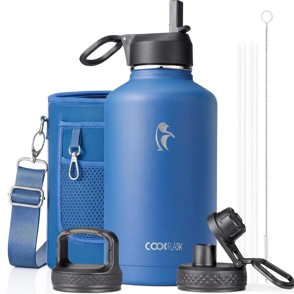 Coolflask 32/40/64/87/128oz Portable Insulated Water Bottle with Straw & 3 Lids, Stainless Steel Flask for Outdoor or Office, Travel Bottled Drinkware