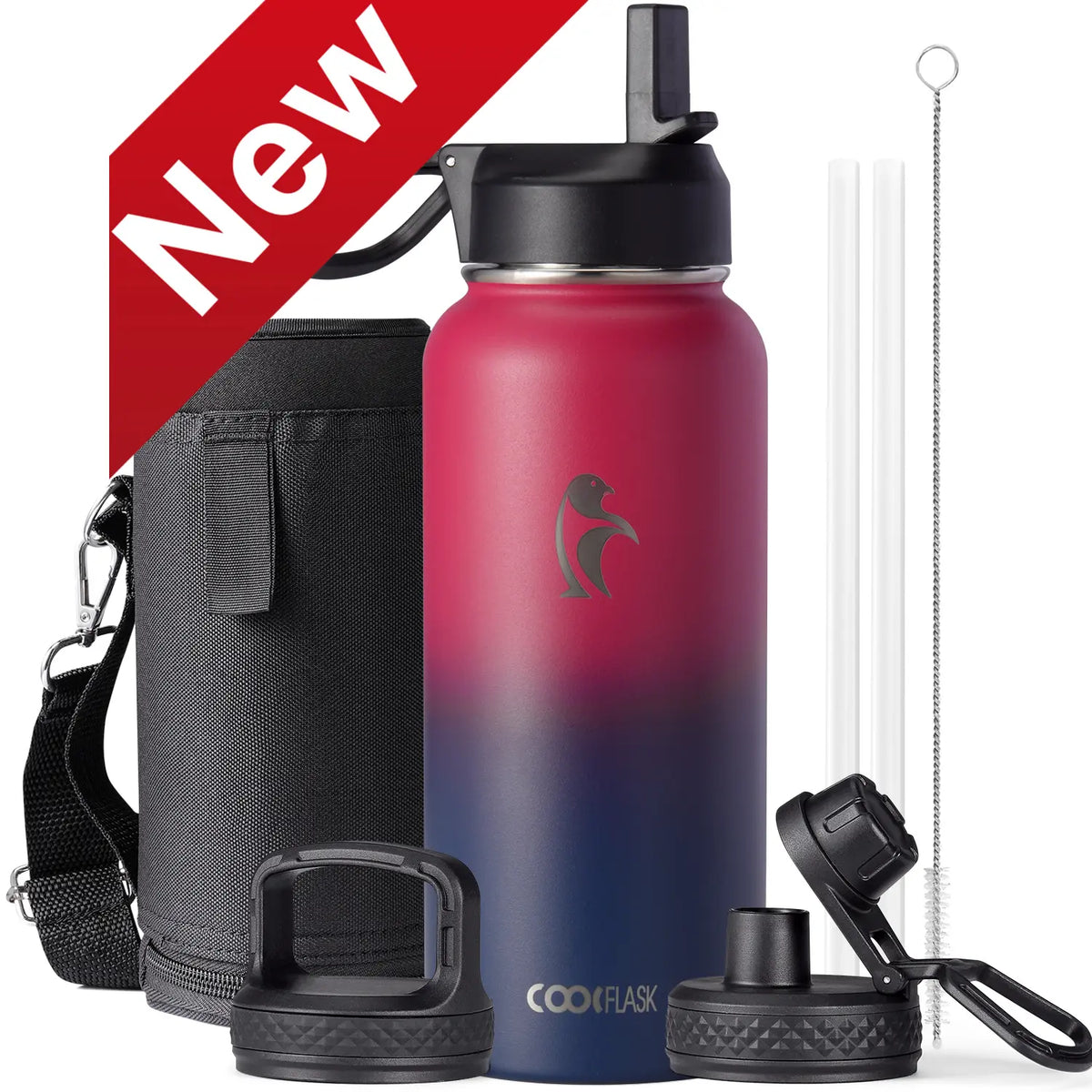 Coolflask 32/40/64/87/128oz Portable Insulated Water Bottle with Straw & 3 Lids, Stainless Steel Flask for Outdoor or Office, Travel Bottled Drinkware
