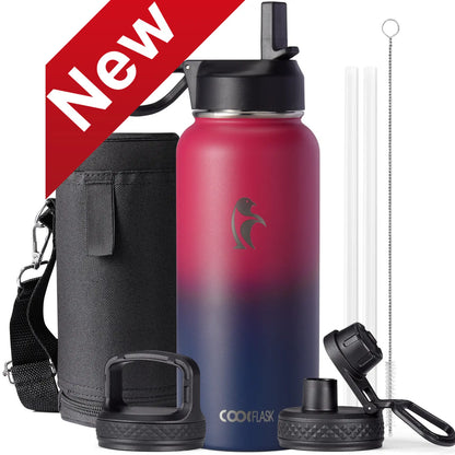 Coolflask 32/40/64/87/128oz Portable Insulated Water Bottle with Straw & 3 Lids, Stainless Steel Flask for Outdoor or Office, Travel Bottled Drinkware