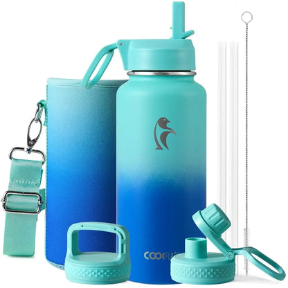 Coolflask 32/40/64/87/128oz Portable Insulated Water Bottle with Straw & 3 Lids, Stainless Steel Flask for Outdoor or Office, Travel Bottled Drinkware