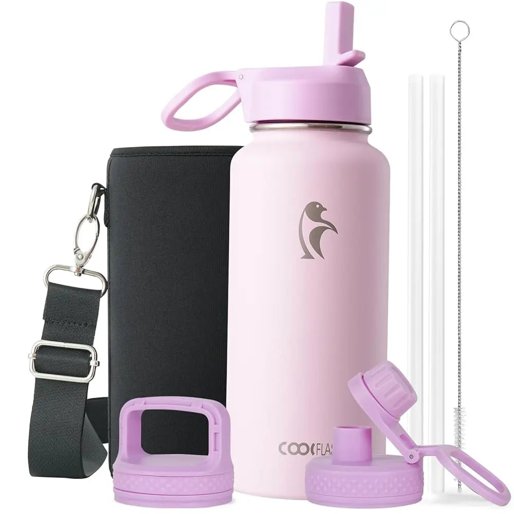 Coolflask 32/40/64/87/128oz Portable Insulated Water Bottle with Straw & 3 Lids, Stainless Steel Flask for Outdoor or Office, Travel Bottled Drinkware