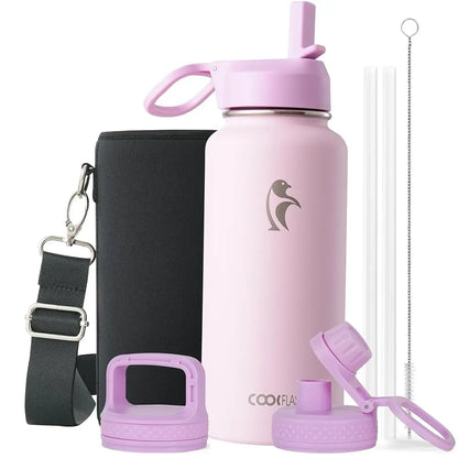 Coolflask 32/40/64/87/128oz Portable Insulated Water Bottle with Straw & 3 Lids, Stainless Steel Flask for Outdoor or Office, Travel Bottled Drinkware