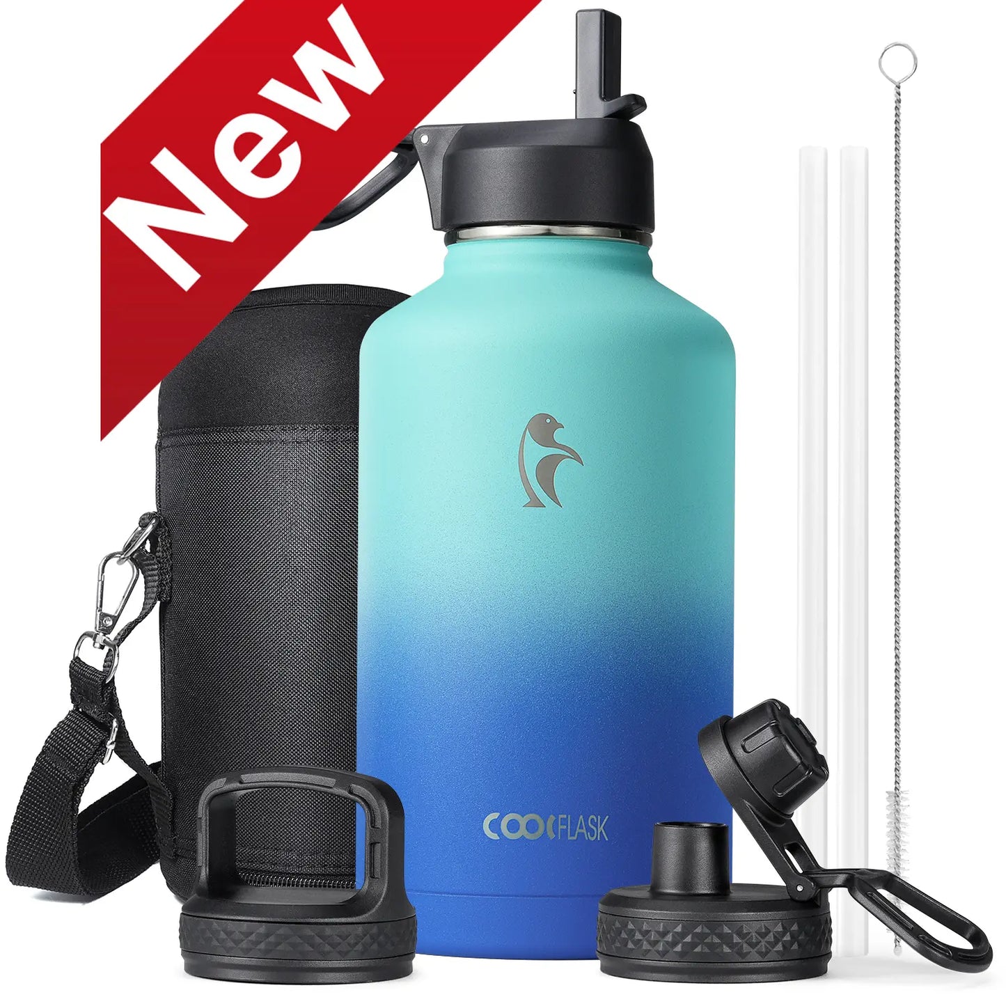 Coolflask 32/40/64/87/128oz Portable Insulated Water Bottle with Straw & 3 Lids, Stainless Steel Flask for Outdoor or Office, Travel Bottled Drinkware