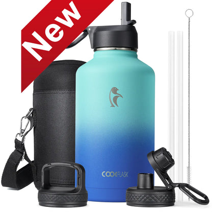 Coolflask 32/40/64/87/128oz Portable Insulated Water Bottle with Straw & 3 Lids, Stainless Steel Flask for Outdoor or Office, Travel Bottled Drinkware