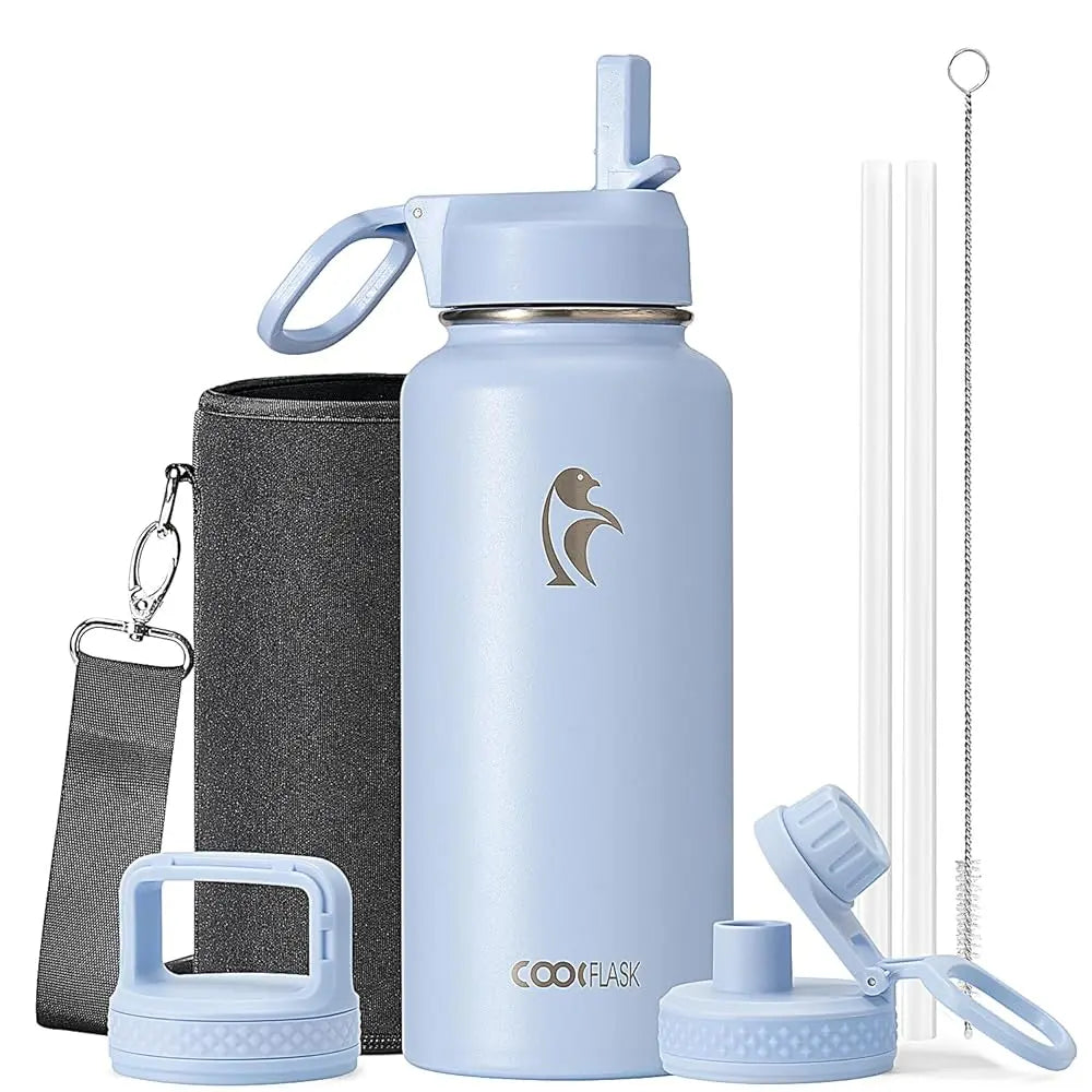 Coolflask 32/40/64/87/128oz Portable Insulated Water Bottle with Straw & 3 Lids, Stainless Steel Flask for Outdoor or Office, Travel Bottled Drinkware