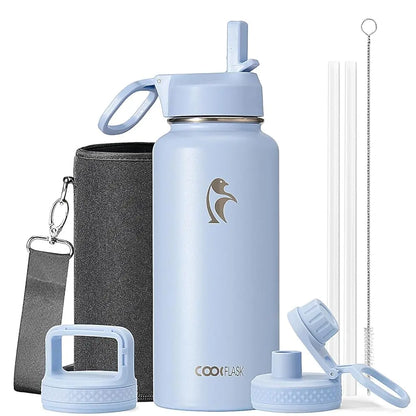 Coolflask 32/40/64/87/128oz Portable Insulated Water Bottle with Straw & 3 Lids, Stainless Steel Flask for Outdoor or Office, Travel Bottled Drinkware