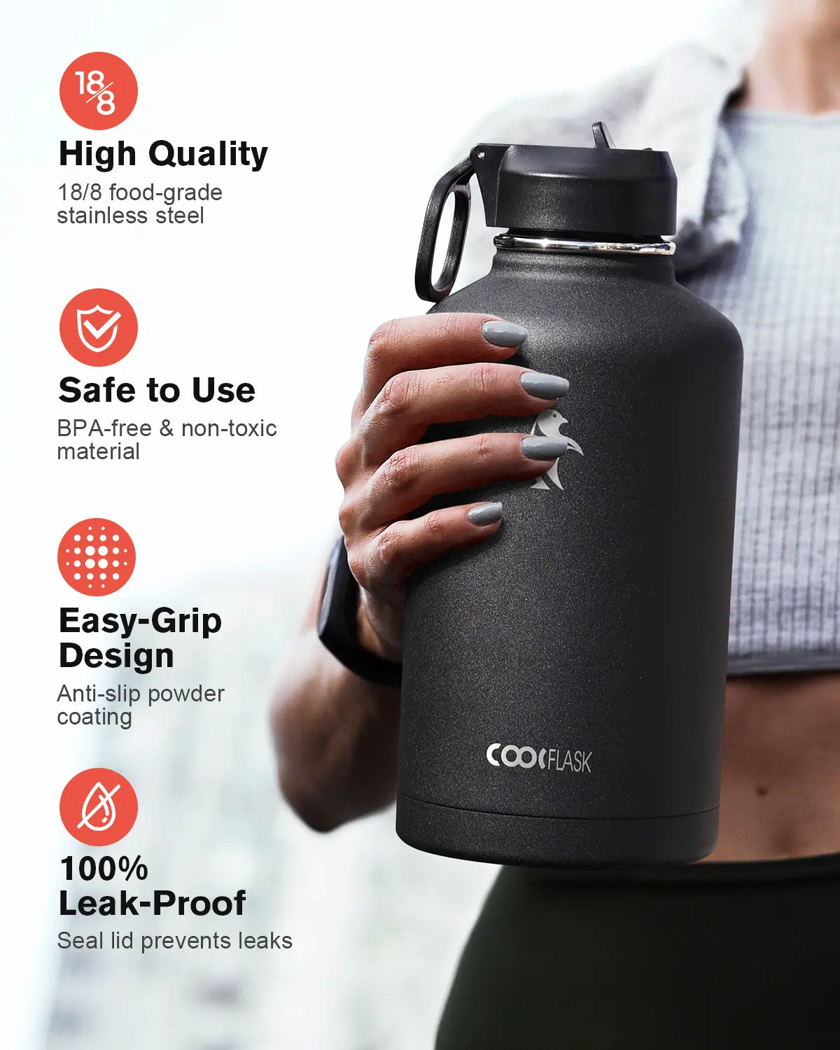Coolflask 32/40/64/87/128oz Portable Insulated Water Bottle with Straw & 3 Lids, Stainless Steel Flask for Outdoor or Office, Travel Bottled Drinkware