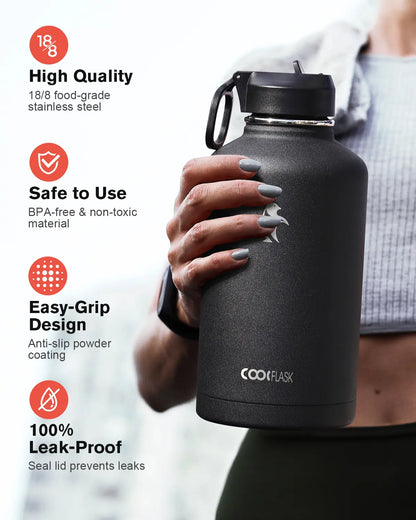 Coolflask 32/40/64/87/128oz Portable Insulated Water Bottle with Straw & 3 Lids, Stainless Steel Flask for Outdoor or Office, Travel Bottled Drinkware