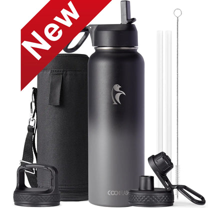 Coolflask 32/40/64/87/128oz Portable Insulated Water Bottle with Straw & 3 Lids, Stainless Steel Flask for Outdoor or Office, Travel Bottled Drinkware