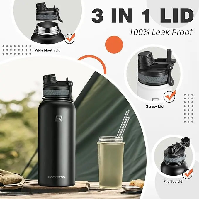 ROCKBROS Insulated Stainless Steel Tumbler with Straw Lid, Portable Leak-Proof Drink Flask with Handle, Insulation for Hiking, Cycling