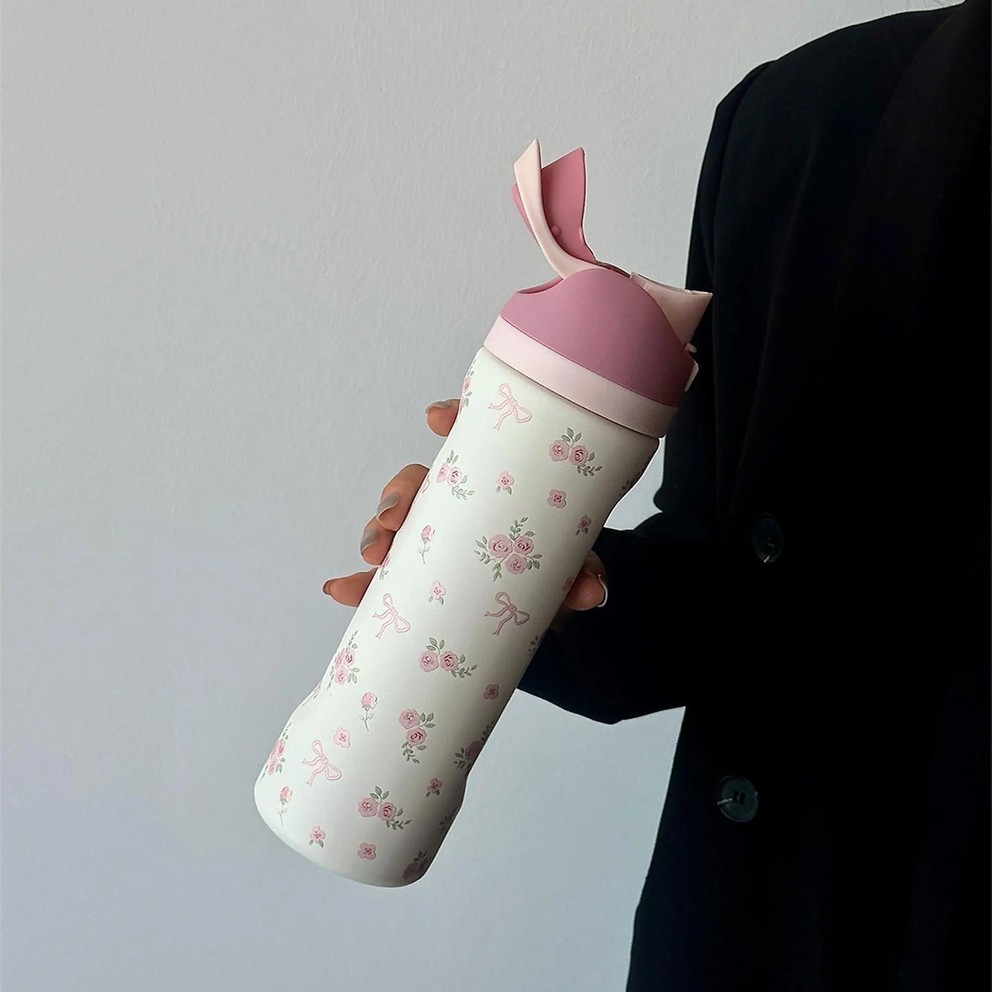 Floral Pattern Vacuum Flask, 1 Count Portable Large-Capacity Water Bottle with Straw, Leakproof Insulated Tumbler, Drinking Cup for Home, Office, School & Outdoor Camping, Drinkware #GLOBAL PICKS