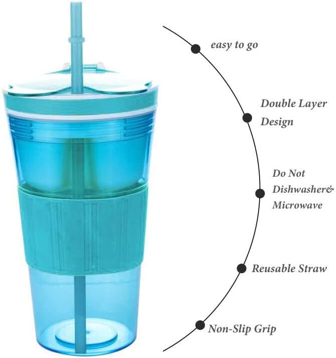 Portable Plastic Snack and Drink Cup for Adult, Teen Kid, 16 Oz | Combo All-in-One Cereal and Milk Container, Breakfast On-The-Go, With Lids & Straw