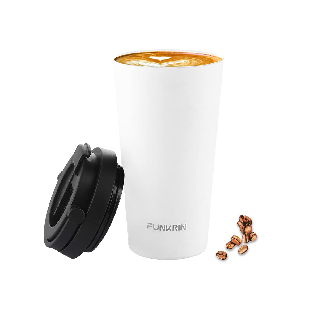 Funkrin Insulated Coffee Mug with Ceramic Coating, 16oz Iced Coffee Tumbler Cup with Flip Lid and Handle, Double Wall Vacuum Leak-Proof Travel Mug for Office School Party Camping