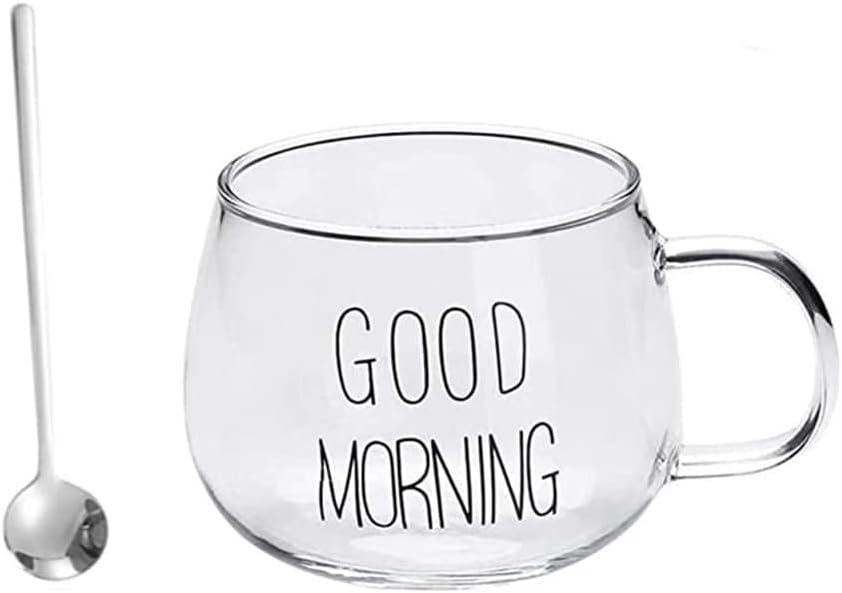 'Good Morning' Breakfast Cup with Spoon, Water Cup, Milk Cup, Yogurt Glass, Coffee Mug, Juice Cup, Milkshake Glass, Gift Cup for Birthday, Christmas, Family, Friends