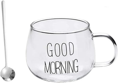 'Good Morning' Breakfast Cup with Spoon, Water Cup, Milk Cup, Yogurt Glass, Coffee Mug, Juice Cup, Milkshake Glass, Gift Cup for Birthday, Christmas, Family, Friends