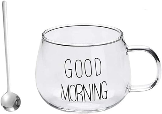 'Good Morning' Breakfast Cup with Spoon, Water Cup, Milk Cup, Yogurt Glass, Coffee Mug, Juice Cup, Milkshake Glass, Gift Cup for Birthday, Christmas, Family, Friends