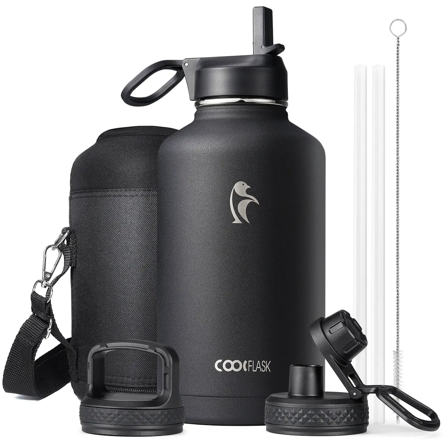 Coolflask 32/40/64/87/128oz Portable Insulated Water Bottle with Straw & 3 Lids, Stainless Steel Flask for Outdoor or Office, Travel Bottled Drinkware
