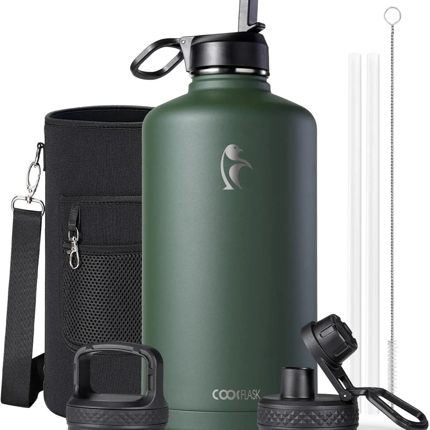 Coolflask 32/40/64/87/128oz Portable Insulated Water Bottle with Straw & 3 Lids, Stainless Steel Flask for Outdoor or Office, Travel Bottled Drinkware