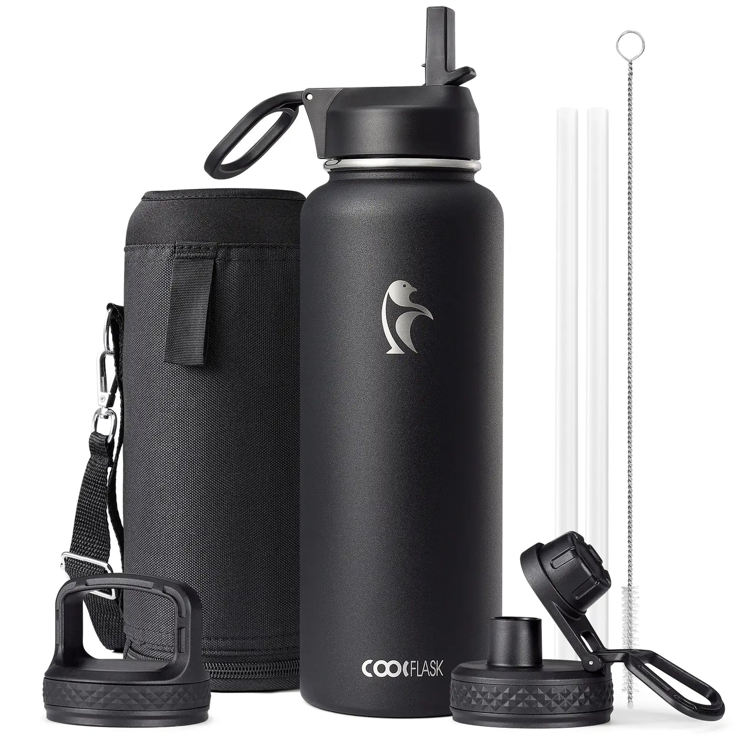 Coolflask 32/40/64/87/128oz Portable Insulated Water Bottle with Straw & 3 Lids, Stainless Steel Flask for Outdoor or Office, Travel Bottled Drinkware