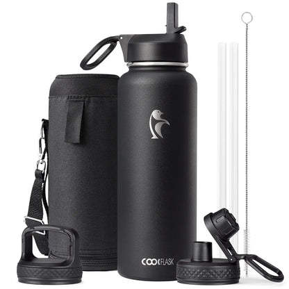Coolflask 32/40/64/87/128oz Portable Insulated Water Bottle with Straw & 3 Lids, Stainless Steel Flask for Outdoor or Office, Travel Bottled Drinkware