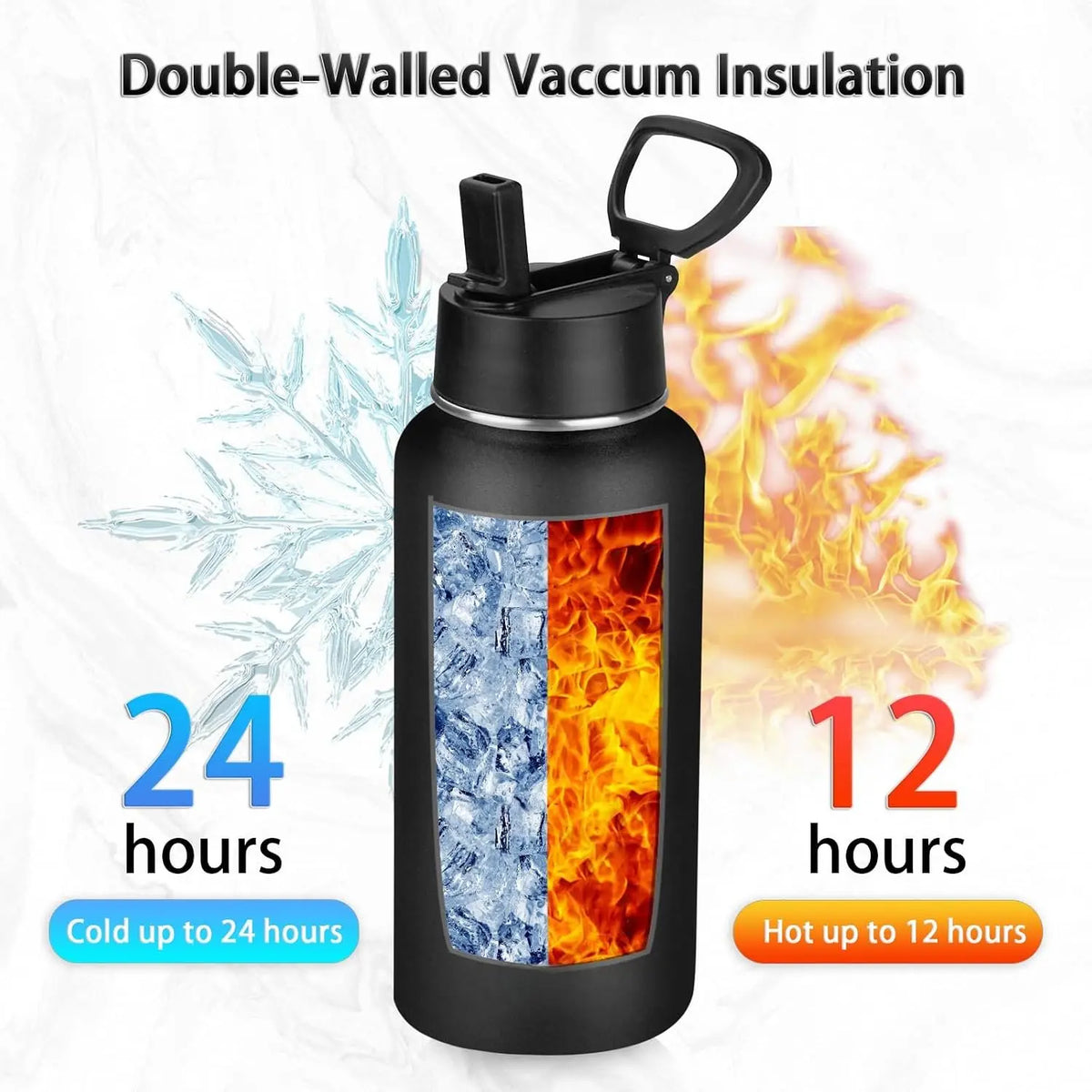 Insulated Water Bottle With Straw,32 oz Vacuum Insulated Stainless Steel  Water Flask,Keeps Cold and Hot,Metal Water Bottle Wide Mouth for Gym Travel Camping (Black)