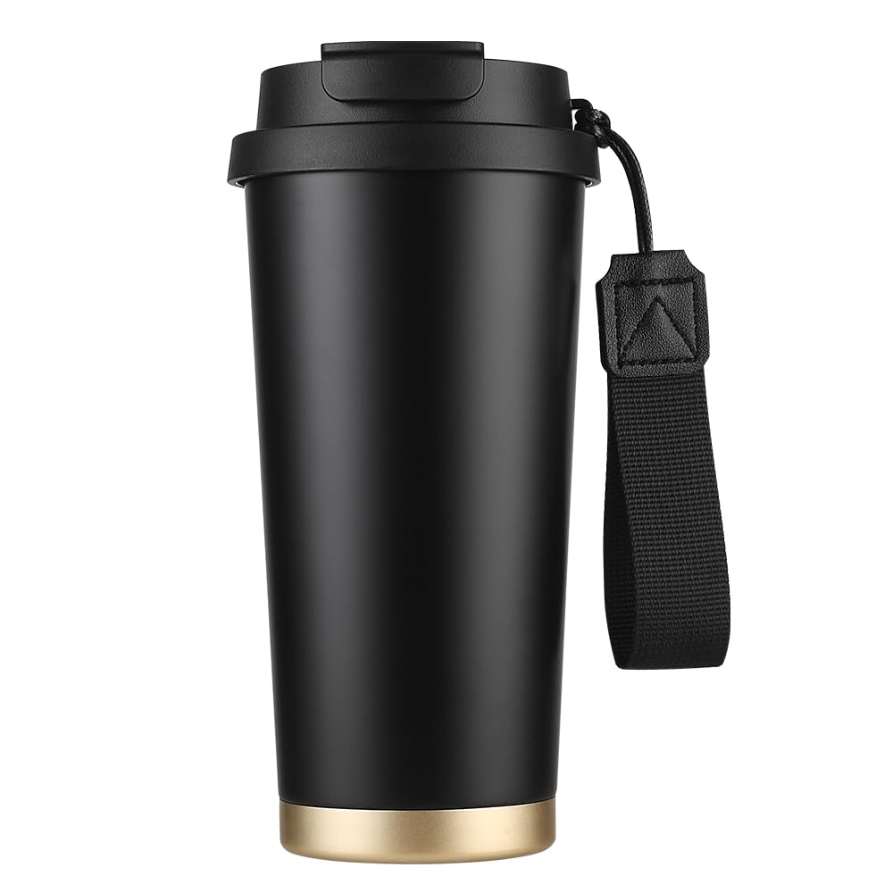 Funkrin Insulated Coffee Mug with Ceramic Coating, 16oz Iced Coffee Tumbler Cup with Flip Lid and Handle, Double Wall Vacuum Leak-Proof Travel Mug for Office School Party Camping