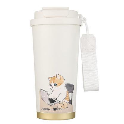 Funkrin Insulated Coffee Mug with Ceramic Coating, 16oz Iced Coffee Tumbler Cup with Flip Lid and Handle, Double Wall Vacuum Leak-Proof Travel Mug for Office School Party Camping